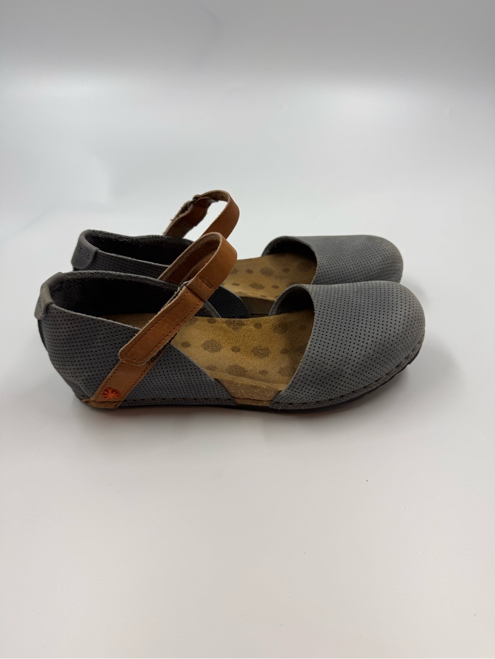Perforated Gray Mary Jane Flats with Brown Strap Accent